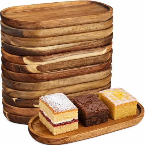 12 Pack Small Wooden Serving Trays, 25cm Oval Acacia Wood Platters | Stackable Design with Raised Edges for Tea, Coffee, Cakes, Appetisers, Desserts, Perfume Displays and Table Organisation