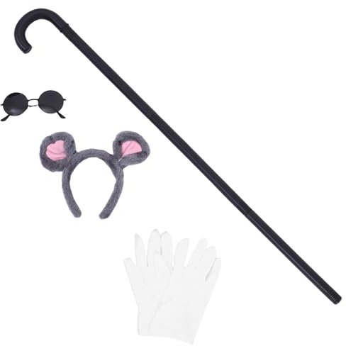 HORIALENCE Mouse Ears Costume Set for Adult Women Grey Mouse Theme Accessories with Headband Sunglasses Blind Cane for Halloween Cosplay Party
