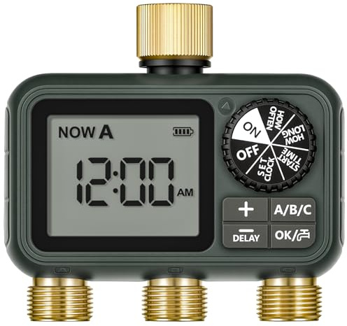 WILAWELS Programador de Riego de 3 Válvulas, Ordenador de Riego Automático, Temporizador para Grifo de Manguera de Jardín, Función de Retraso por Lluvia, Patio y Césped, Verde Oscuro