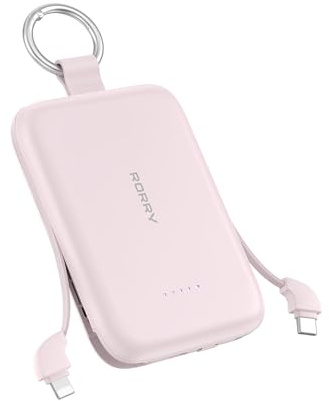 RORRY CharmGo 10000mAh Powerbank, Klein Power Bank PD 30W Schnellladen | Akku-Pack mit integriertem Kabel und Schlüsselanhänger, Tragbarer Externer Akku für iPhone 17/16/15,AirPods 2/3/4/Pro,Rosa
