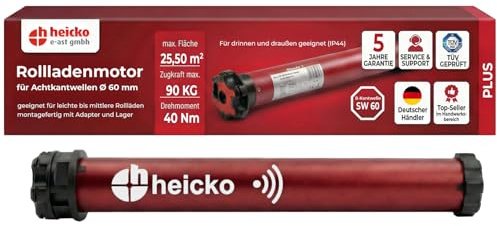 heicko Rollladenmotor | 40 Nm für SW60 Achtkantwelle | 90kg Zugkraft | Mit Funk | Mechanische Endschalter | Leiser Rohrmotor | Wartungsfrei | IP44 Schutz für Innen und Außen