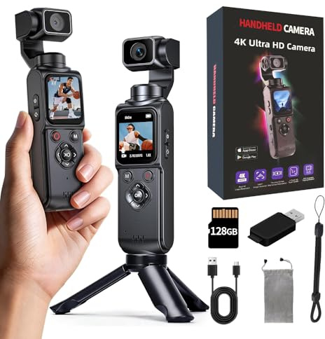 4K Handheld Vlogging Camera with WiFi, Outdoor Pocket Gimbal Camera, 330° Rotating Lens Handheld Video Camcorder, 64MP Fast Focusing Face Tracking, 3-Axis Stabilizer for Travel Vlog (Black, 128G)