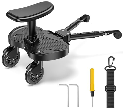 Universal Buggy Board with Seat, 2-in-1 Standing & Sitting, Adjustable | Kiddy Board for Toddlers from 2-6 Years Load 25 Kg, with Suspension Strap, Fits Most of Prams