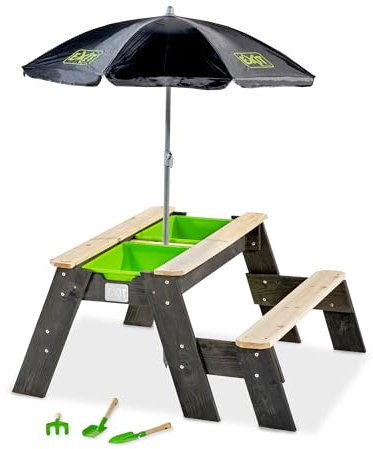 EXIT TOYS Aksent Table de Pique-Nique et Table de Sable en Bois - Table de Jeu pour Enfants dans Le Jardin - Banc, Parasol, Outils de Jardin, Bacs et Couvercle - 100% FSC Bois de Cèdre - 94x94x50cm