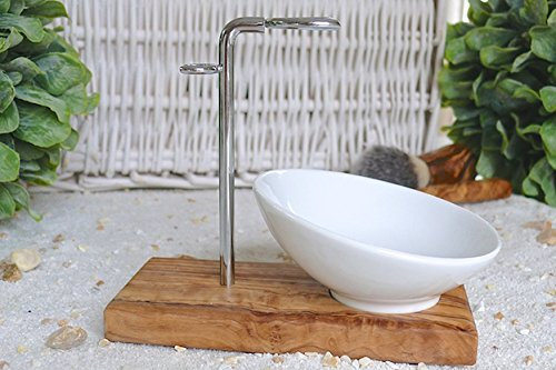 D.O.M. Porte-blaireau KLASSIK PLUS en bois d'olivier avec bol en porcelaine 10 cm