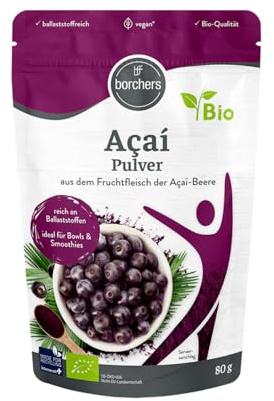 BORCHERS Bio Açaí-Pulver, 80g, aus dem Fruchtfleisch der Açaí-Beere, gefriergetrocknet, Bio-Qualität, ballaststoffreich, vegan, für Drinks, Smoothies und Müsli