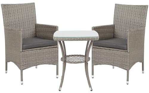 Outsunny 3 Pieces Rattan Bistro Set, Wicker Garden Furniture Set with 2-Tier Coffee Table and Chairs, Washable Cushions, for Outdoor Patio Balcony, Grey