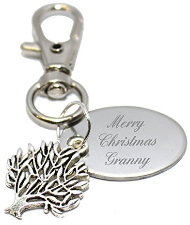 Portachiavi con albero della vita e scritta Merry Christmas, personalizzabile, in sacchetto regalo, BR633, Argento, Taglia unica, Charm