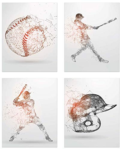Baseball-Wandkunstdrucke – Set mit 4 (8x10) ungerahmten Baseball-Postern – Baseball-Zimmerdekoration für Männer, Kinder, Wohnheim – Baseball-Schlafzimmer Dekor,G Eometric