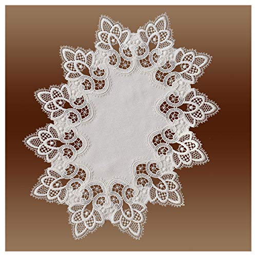 Feines Deckchen Jette Echte Vogtländische Spitze in natur - Luftspitzen-Rahmendeckchen oval 45 x 35 cm | Edle Tischdeko mit Ornament-Stickerei im klassischen Landhausstil für Tische und Kommoden