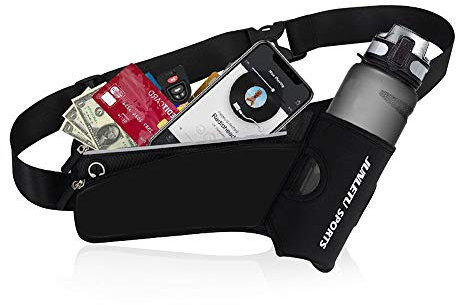 Running Belt with Water Bottle Holder Reflective BumBag Cycling Fanny Pack Fit 7 Cell Phone Waist Bag for Runner Marathon Fitness Hiking and Riding (Black+Grey)