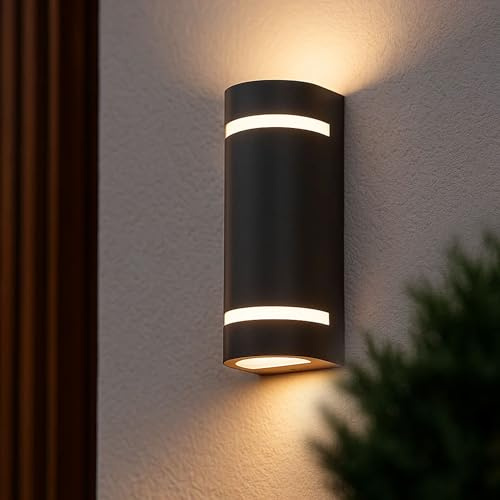 Maxkomfort LED Außenwandleuchte Up & Down Anthrazit Rund - IP44 Wetterfest - Wandlampe Außen mit 2xGU10 Fassung, inkl. 2x 5W Leuchtmittel warmweiß 3000K - Aluminium Außenleuchte 230V