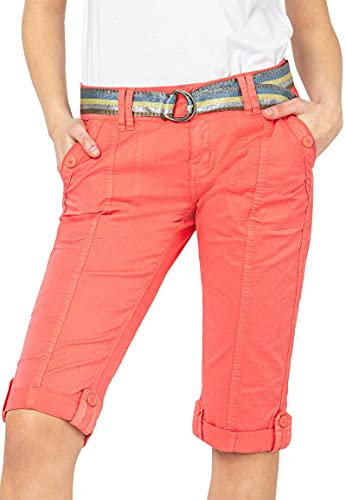 FRESH MADE Damen Capri-Hose 3/4-Shorts mit Metallic Gürtel orange XS