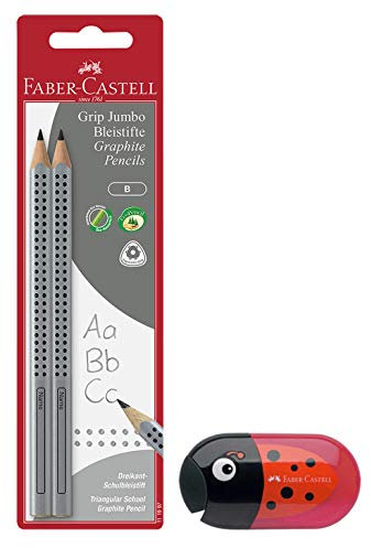 Faber-Castell 111997-2 Jumbo GRIP Bleistifte, Härtegrad: B, Schaftfarbe: silber (+ Doppelspitzdose Käfer inkl. Radierer)