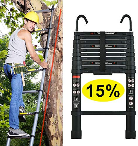 3.2m/10.5Ft Telescopic Ladder w/Detachable Hook Aluminum Soft Close Multi-Purpose Lightweight Foldable Loft Ladder with Finger Protection Spacers for DIY Home Work Builder Garden