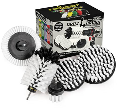 Useful Products Drill Power Scrubber - Automotive Edge Brush Kit with Extended Long Attachment - White Carpet Cleaner Set