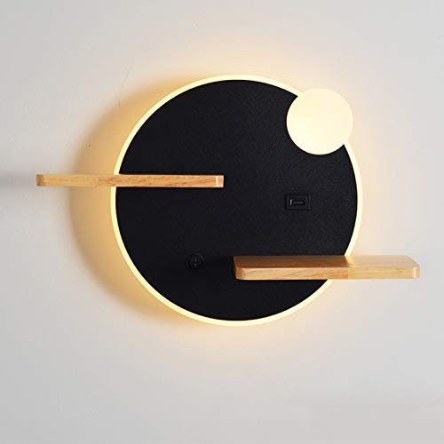 WRMING 11W LED Applique Murale Metal avec Interrupteur, Lampe Murale Enfant Chevet avec Bois Étagère, Port de Chargement USB, Couloir Chambre Salon Escalier Interieur Lampe de Mur, Blanc Chaud,A05
