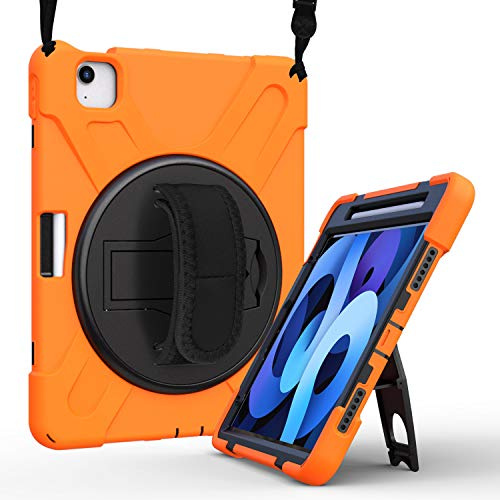 Fonrest Étui pour iPad-Air-5e génération Robuste Coque avec béquille pour iPad-Pro-11 Housse avec Porte-Crayon, Case Hybride Antichoc avec poignée rotative à 360°, bandoulière (Orange)