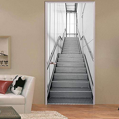 ADYNL Sticker Porte 3D Trompe l'oeil Escaliers en Métal Créatifs Autocollant Poster De Porte Auto-Adhésif Vinyle Affiche De Porte Sticker Mural Chambre Salle De Bain Papier Peint Art Décor 88X200Cm