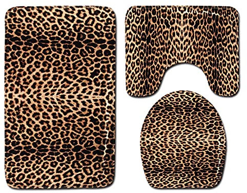 Badteppich Brauner Leopardenprint Badvorleger Set 3 teilig Badematte rutschfest Saugfähig Badezimmerteppich Waschbar Fussmatte Teppich, für Badezimmer, Wohnzimmer, Schlafzimmer 45x75cm
