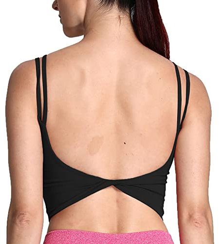 Aoxjox Damen Workout Sport BHS Fitness Gepolstert Rückenfrei Yoga Crop Tank Top Twist Back Cami, Schwarz, Medium