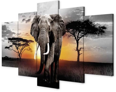 murando - Wandbilder XXL Afrika 150x75cm 5 tlg - Wand Deko Leinwand Bilder Groß Wanddeko Wohnzimmer Schlafzimmer Kunstdrucke - Landschaft Tier Elefant g-C-0054-b-o