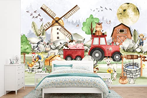 MuchoWow Papier peint Ferme - Tracteur - Enfants - Animaux Papier peint photo 330x220 cm Papier peint imprimé