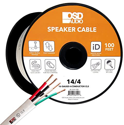 OSD 14/4 Speaker Wire 14 AWG/Gauge 4 Conductor 100Ft UL List in Wall Direct Burial Graded CL2/CL3 Oxygen Free Copper OFC - White