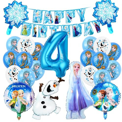 Blau Theme Geburtstag Deko 4 Jahre Mädchen, 26 Stück Luftballons Geburtstagsdeko, Folienballon, Latex Ballons für Kindergeburtstag Party