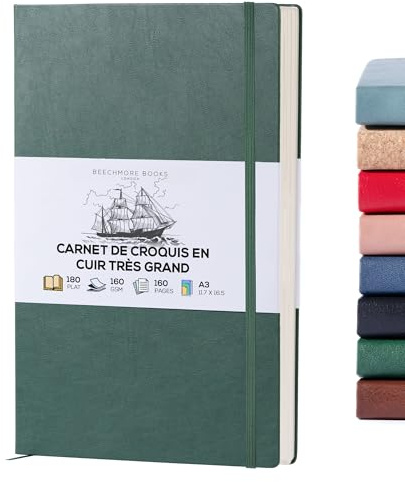 BEECHMORE BOOKS Skizzenbuch A3 (29,7 x 42 cm) – Hardcover aus Veganleder, 160 Seiten 160 g/m² | Perforiert, Blanko Skizzenblock, Geschenkbox, Rückfach, Lesezeichenband