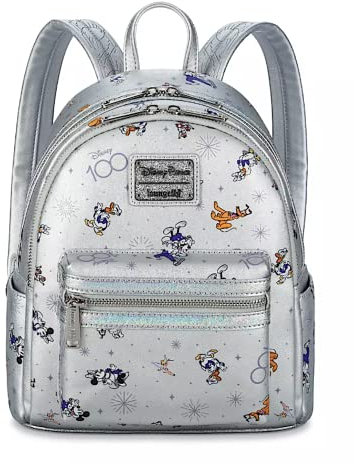 Loungefly Disney Parks Mickey Mouse and Friends Disney100 Mini Backpack, Silver, M, Backpack