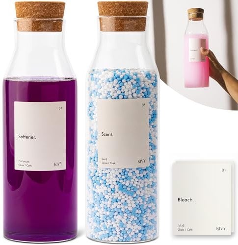 KIVY Dispensador de detergente de cristal para ropa + etiquetas, set de 2 tarros de cristal para decoración de organización de lavandería, detergente líquido y dispensador de suavizante de telas