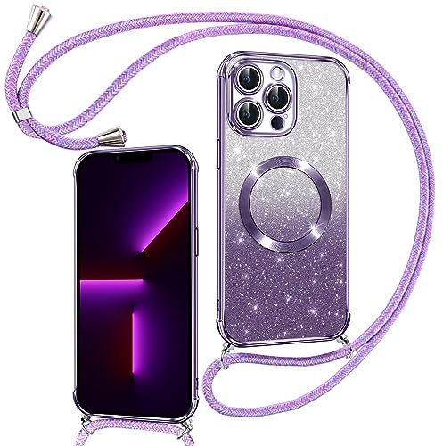 Phoona Handyband Hülle für iPhone 13 Pro Max mit Band [kompatibel mit MagSafe], Luxuriöse Glitzer Beschichtung Magnetische Handyhülle für iPhone 13 Pro Max Silikon TPU Stoßfest Schutzhülle, Lila