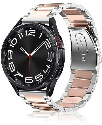 SeNool Bracelet 20mm pour Samsung Galaxy Watch 7/6/FE/Classic - Acier Inoxydable Maille Métal (Argent/Or Rose)