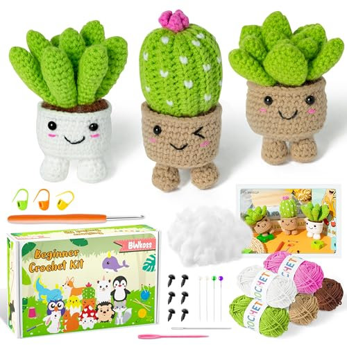 WATINC 20 Stück Häkelset für Anfänger Beginner Kakteen Komplett Häkelpaket Set Starter Häkelpacket mit Anleitung und Video Strickzubehör Häkel Set DIY Handwerk Geschenk für Erwachsene Kinder