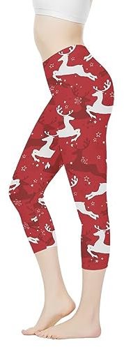 Belidome Damen-Yoga-Leggings, Caprihose, hohe Taille, Bauchkontrolle, Stretch-Hose, Weihnachten Elch Hirsch Rot, L