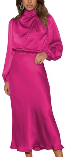 LIAOPUFUS Falda Larga de Satén Plisada Vestido Largo de Manga Larga Nuevo Otoño Elegante de Alta Costura Cintura Cerrada Falda de Cóctel de Mujer de Temperamento Relajado (Color Rosa, XL)