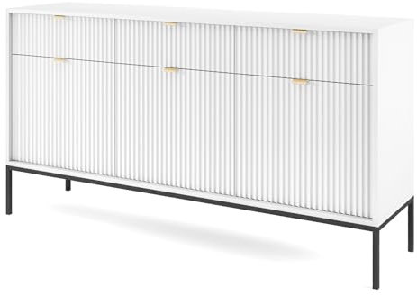 Selsey Vellore Sideboard Kommode 3-türig mit 3 Schubladen, Weiß mit geriffelten Fronten, 154 cm
