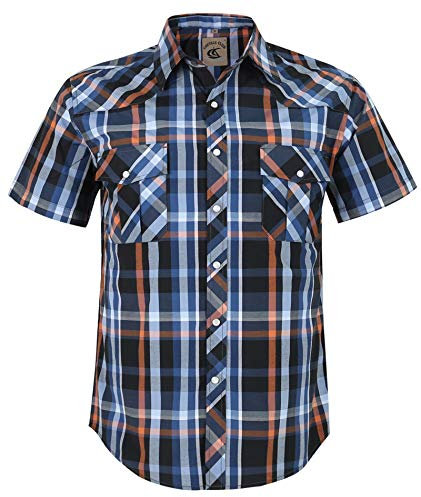 COEVALS CLUB Mens Shirts Short Sleeve Casual Push Button Plaid Suit Regular Fit Western Cowboy Pearl Snap Two Pockets Work Derss Button Up Shirts (Black Blue Orange #5 XL)