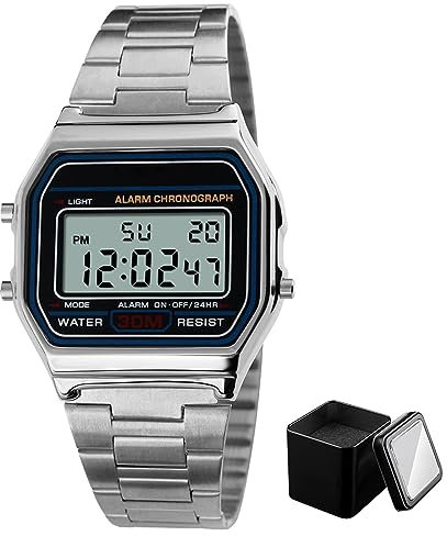 Felenny Herren-Digitaluhr, Luxuriös, Wasserdicht, Edelstahl, Sportuhr, 30 M Wasserdicht, Edelstahlarmband