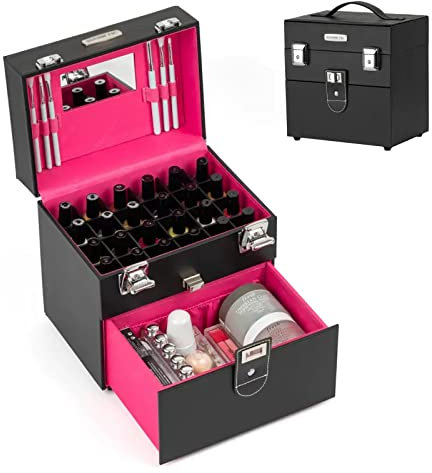 HJXGQJM Kosmetikkoffer Groß Schminkkoffer Leer Make Up Koffer Professionelle Beauty Case Friseurkoffer Nagelkoffer,Kosmetiktasche Mit Schloss, Schwarz Leder-Kosmetiktasche