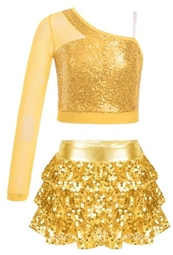 Alvivi Mädchen Tanzkleid Latein Pailletten Kleid Jazz Modern Dance Kostüm EIN-Schulter Langarmshirt Tops mit Rock Shorts Ballsaal Tanzkostüm A Gold 146-152