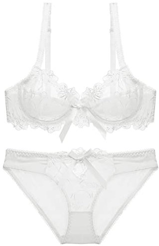 MOONBADI Bras White Women Bra and Knickers Underwear Set Underwire lace Bralette Push Up Half Cup See Through Nightwear Bras for Women Plus Size 32B