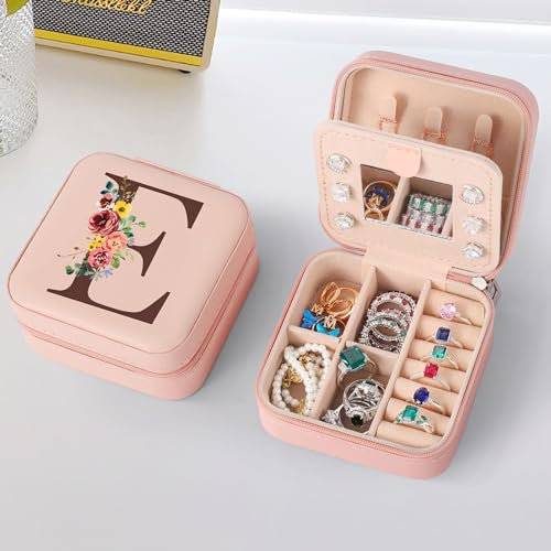 TINGN Initiale Schmuckkästchen mit Blume und E Kleine Schmuckkästchen Reise Schmuckschatulle mit Spiegel für Damen Mädchen Geschenk für Geburtstage, Weihnachten, Muttertag, Valentinstag, Hochzeiten