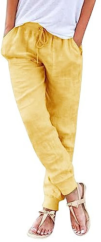 Damen Hose Leinenhose Baumwolle Leinen Stoffhose Freizeithose Sommerhose Pumphose Yogahose Casual Einfarbig Hippie High Waist Hose Stretch mit Taschen Kleidung Sommer Hosen