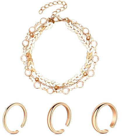 Zehenring und Fußkettchen Set 2mm/3mm/4mm Klassischer glatter Zehenring Verstellbarer offener Finger Knöchelring und Armband Silber Rose und Gold