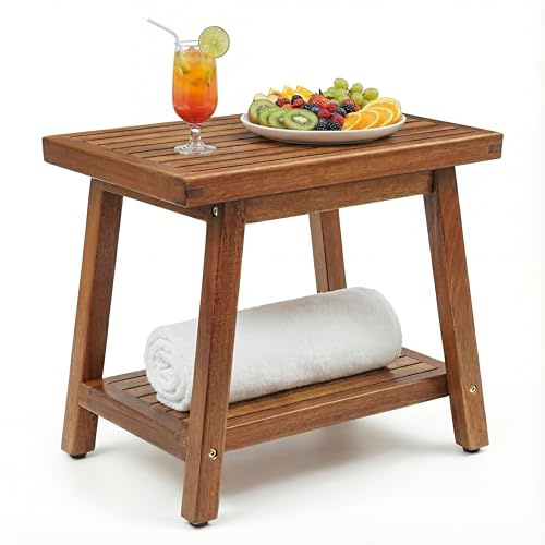 ENKEZI Acacia 40,6 cm Outdoor-Beistelltisch, 2-stöckig, stabiler Terrasse, Beistelltisch, wetterbeständig, starke Stabilität, Beistelltisch für Terrasse, Pool, Veranda, Teak-Finish, ODT01