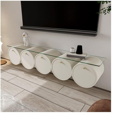 TV-Konsole Kreativer schwebender TV-Ständer zur Wandmontage mit Glastischplatte, schwebender TV-Schrank, moderne schwebende Medienkonsole mit 5 Schubladen, Schrank for Wohnzimmer, Schlafzimmer Fernseh