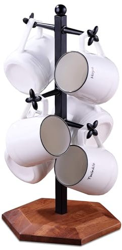 Ouseen Coffee Mug Holder, Mug Tree for Counter, Cup Holder with 6 Floral Hooks, Wooden Mug Rack, Mug Stand for Counter, Coffee Bar Station Organizer, Black