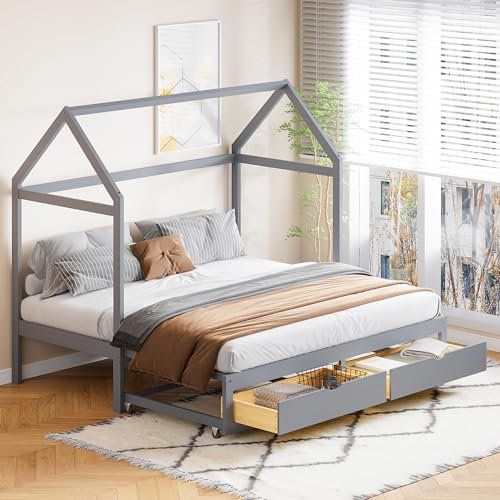 TOTITOM Ausziehbares Kinderbett, Schlafsofa 90/180 x 190 cm mit Schubladen und Lattenrost, Bett aus Kiefernholz mit Stauraum, Grau